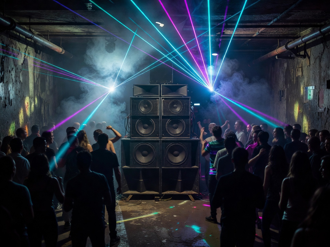 Underground Techno Rave Club with Neon Lights in Budapest